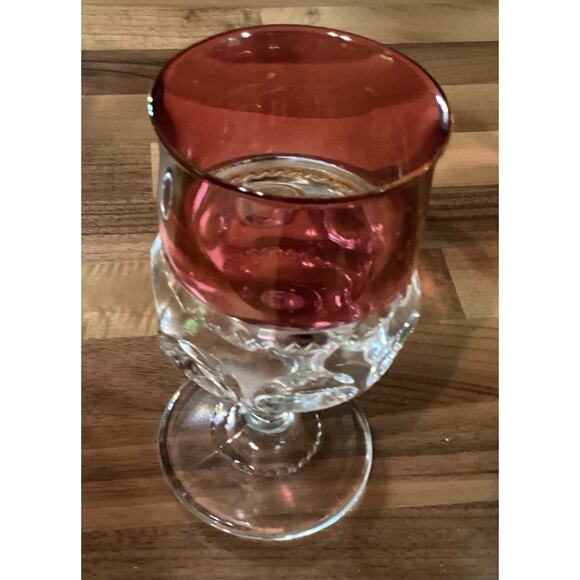 4 Vintage Tiffin Glass King’s Crown Flashed Cranberry Thumbprint Wine Glasses - Picture 9 of 9